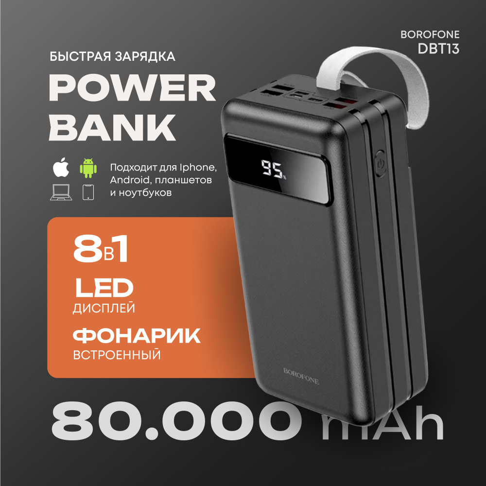 Повербанк 80000 mah с быстрой зарядкой и фонариком Borofone DBT13 22.5W ( PD 20W + QC 3.0)  #1