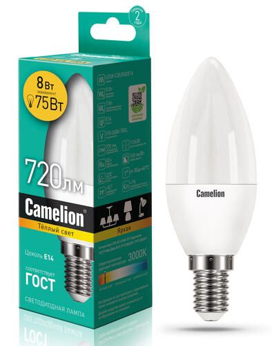 Лампа светодиодная Camelion LED C35-8w-830-E14 E14, 8 Вт, 720 лм, 3000 K, 170-265 В / 50 Гц  #1