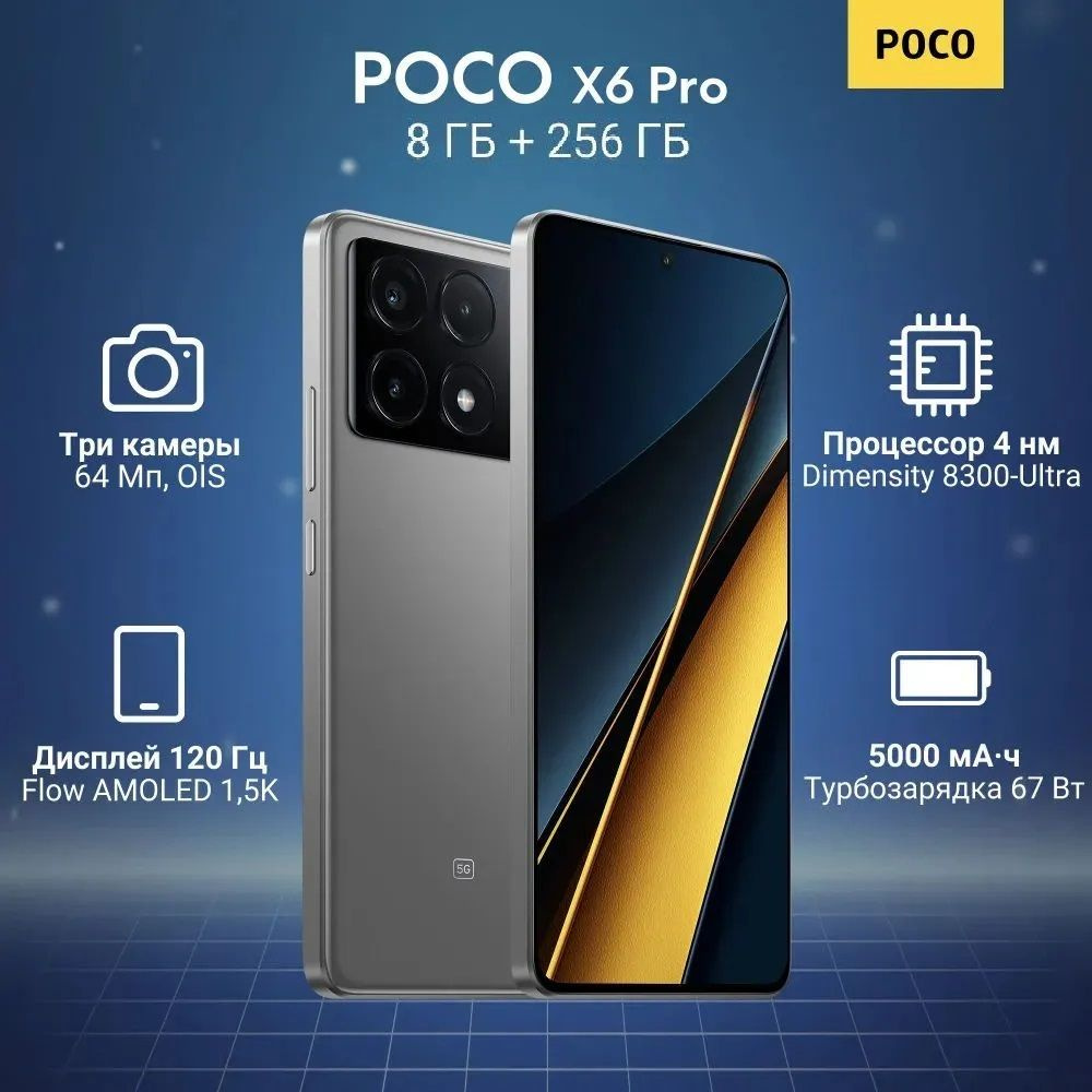 Poco Смартфон POCO X6 Pro 5G NFC Global 8/256 ГБ, серый #1