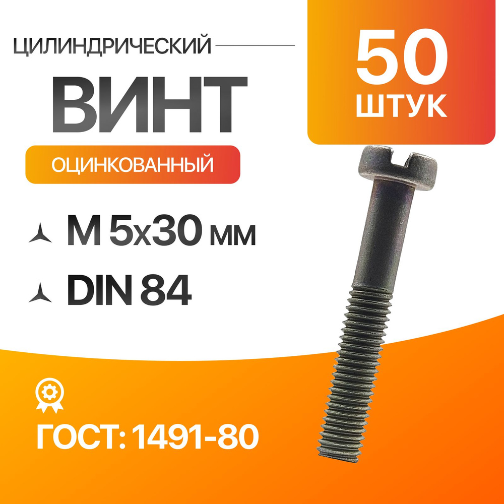 Винт цилиндрический, прямой шлиц 5х30 ГОСТ 1491-80 DIN 84 50шт #1