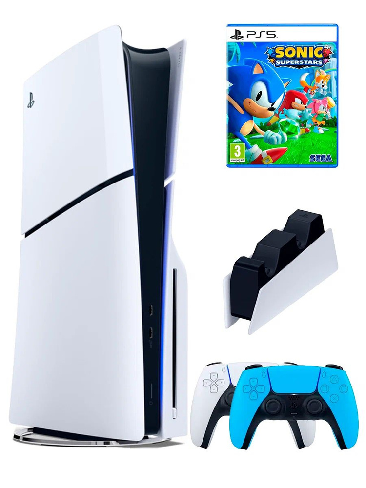 PS5 (ПС5) Игровая приставка Sony PlayStation 5 Slim +2-й геймпад(голубой)+зарядное+игра Sonic, 1000ГБ #1