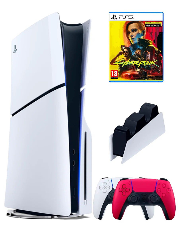 PS5 (ПС5) Игровая приставка Sony PlayStation 5 Slim disc + 2-й геймпад(красный) + зарядное + игра CyberPunk #1