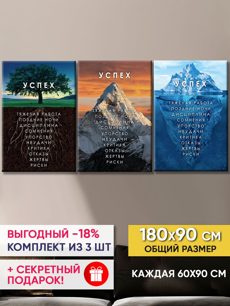 Картина на холсте MyMoneyArt "Гора достижений, Дерево победы и Айсберг триумфа" 60х90 см 3 шт  #1