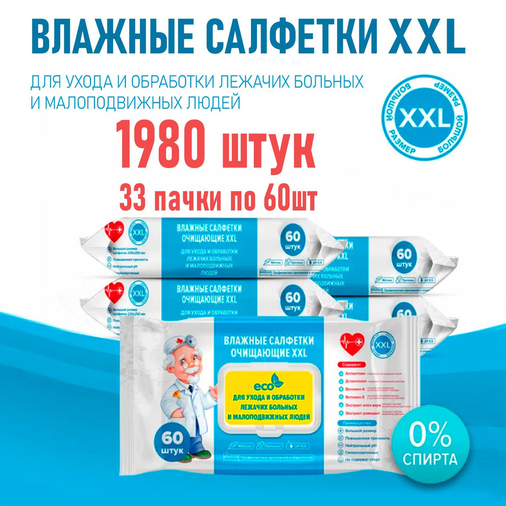 1980 штук. Влажные салфетки очищающие XXL для ухода и обработки лежачих больных 25*23см, 33 упаковки #1