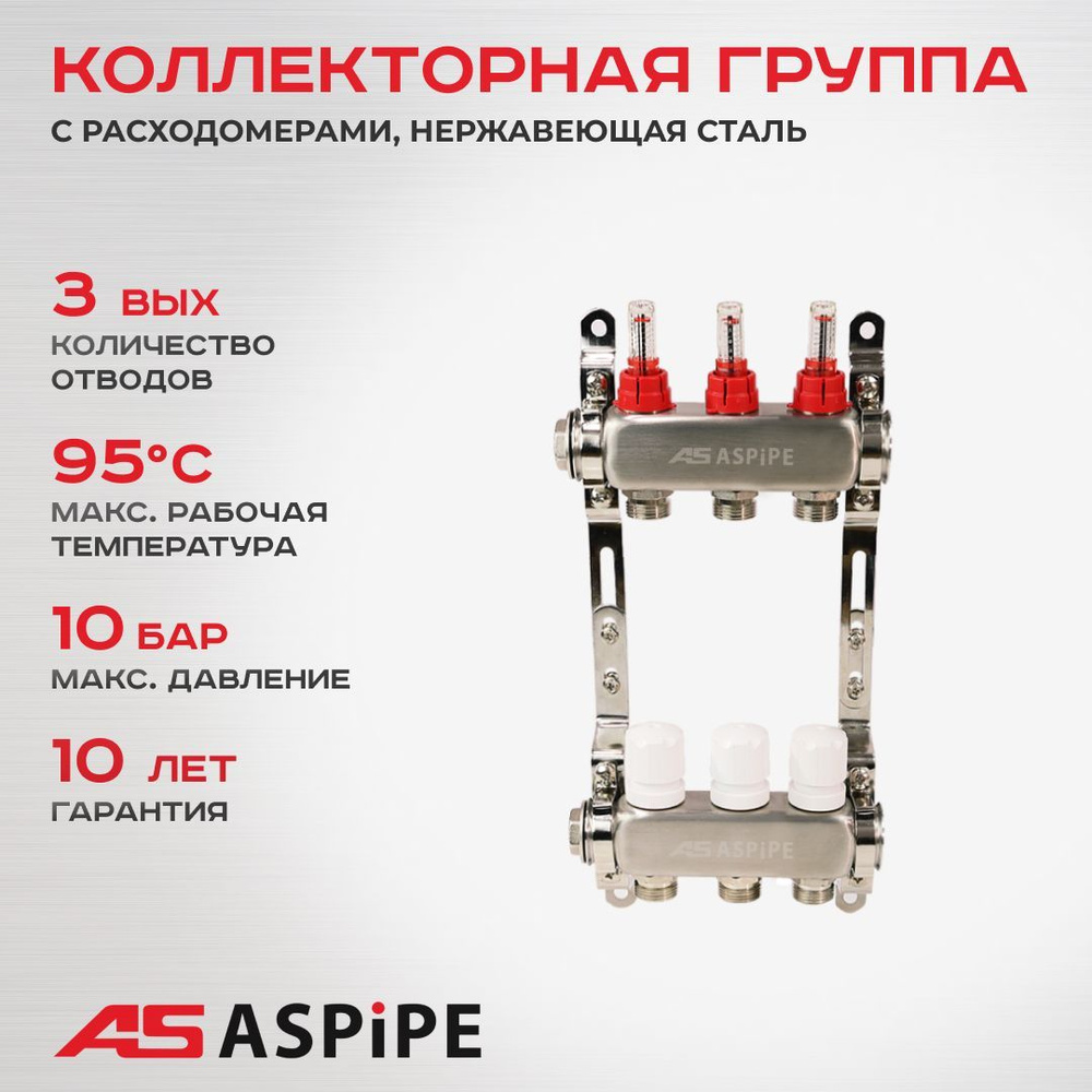 Коллекторная группа ASPiPE (AS-K004) 1"x3/4" на 3 выхода с расходомерами, нержавеющая сталь  #1