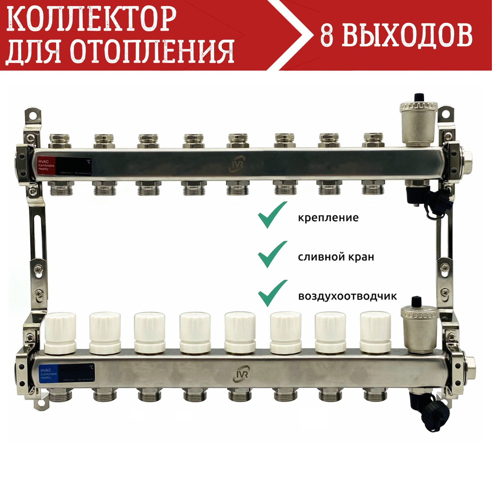 Коллектор для отопления из нержавеющей стали 8 выходов с регулирующими и балансировочными клапанами  #1