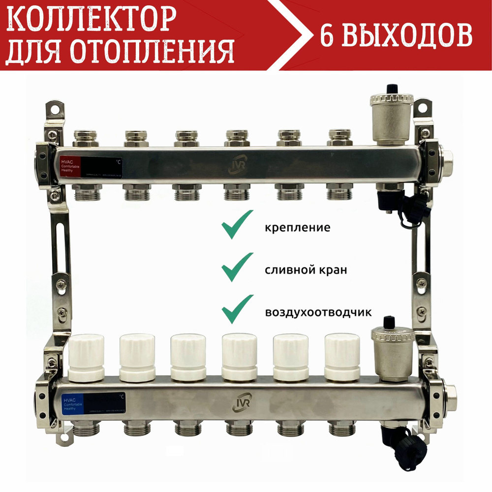 Коллектор для отопления из нержавеющей стали 6 выходов с регулирующими и балансировочными клапанами  #1