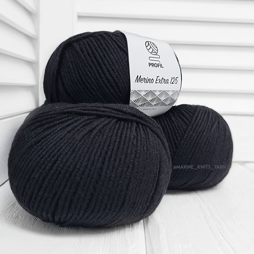 Пряжа мериносовая шерсть Profil - Merino Extra 125 (008 - черный), 125м/50г, 3 шт. (Профил - Мерино Экстра)) #1