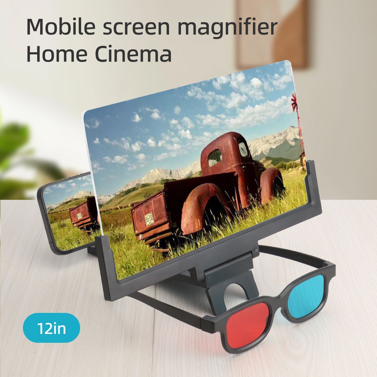 12-дюймовыйусилительэкранавысокойчеткости,включаяпару3D-очков,Складнойдержательдлятелефоназахватывающийпросмотр,дизайнсзащитойотсинегосветадляуменьшенияизлучения