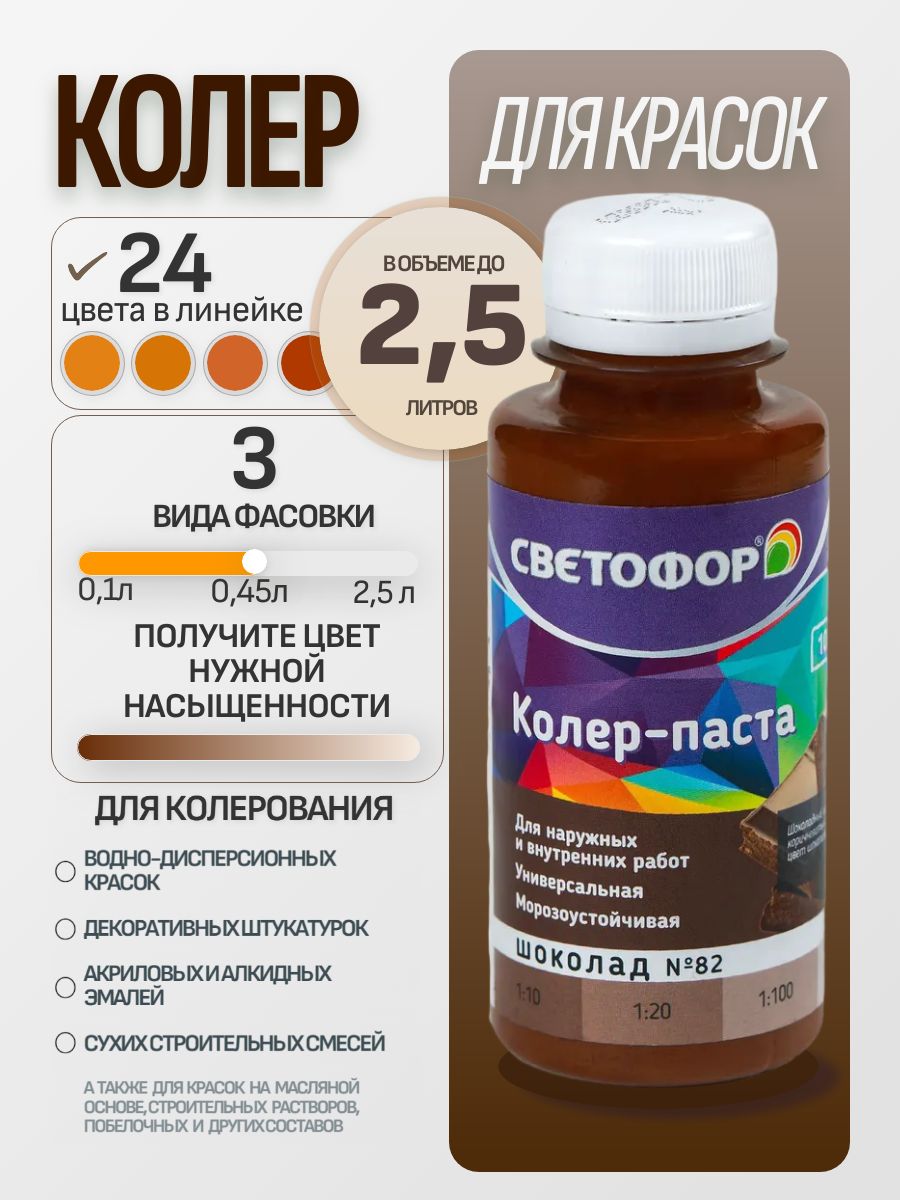 Колердлякраски№82ШОКОЛАД(0,1л)СВЕТОФОР,колеровочнаяпастауниверсальная,колорант,дляводоэмульсионной,дляакриловой,дляалкиднойкраски