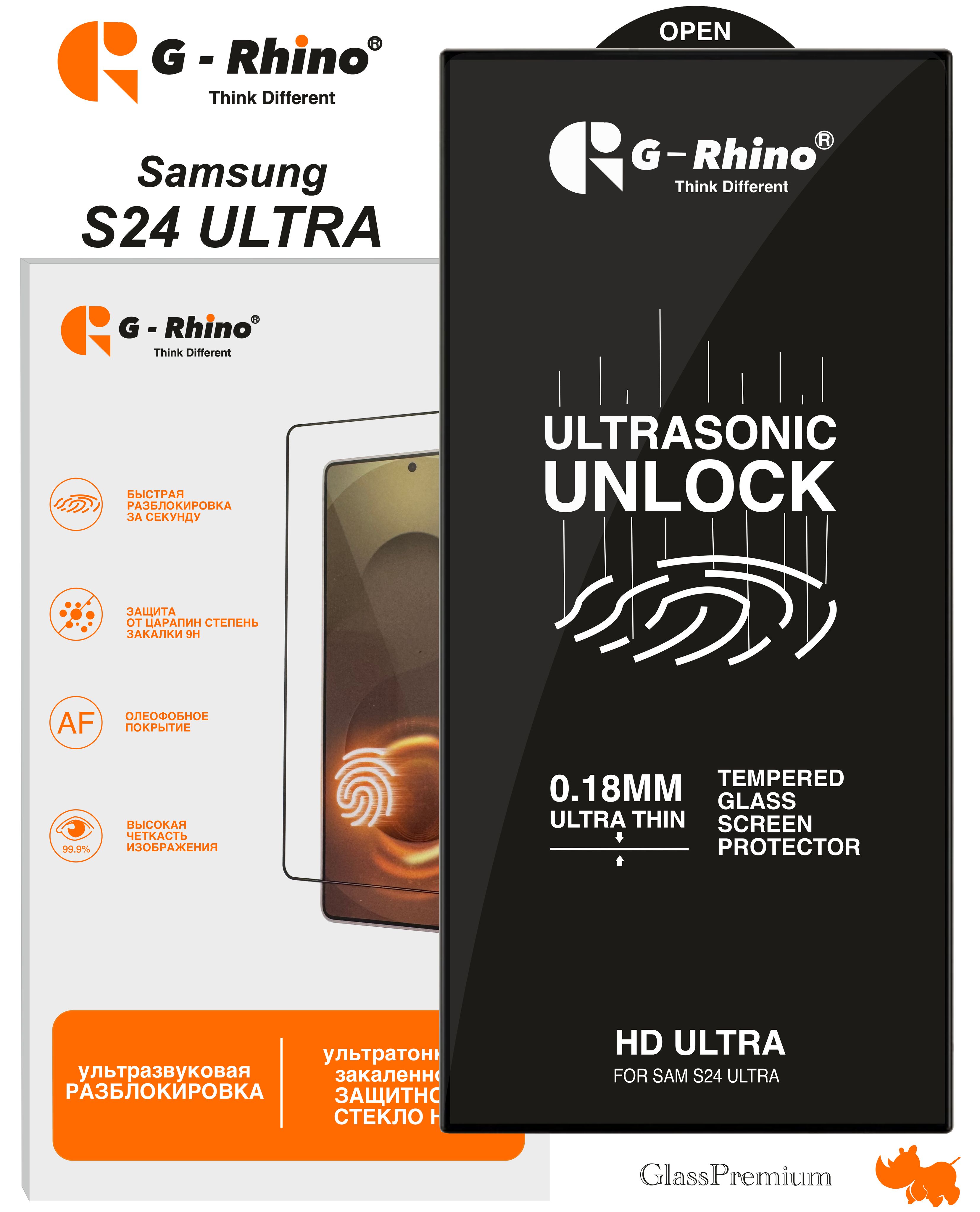 ЗащитноестеклоG-Rhino(TouchID)дляSamsungGalaxyS24Ultra/6.8"/PremiumGlass(олеофобноепокрытие,закругленныекрая,клейповсейповерхности)