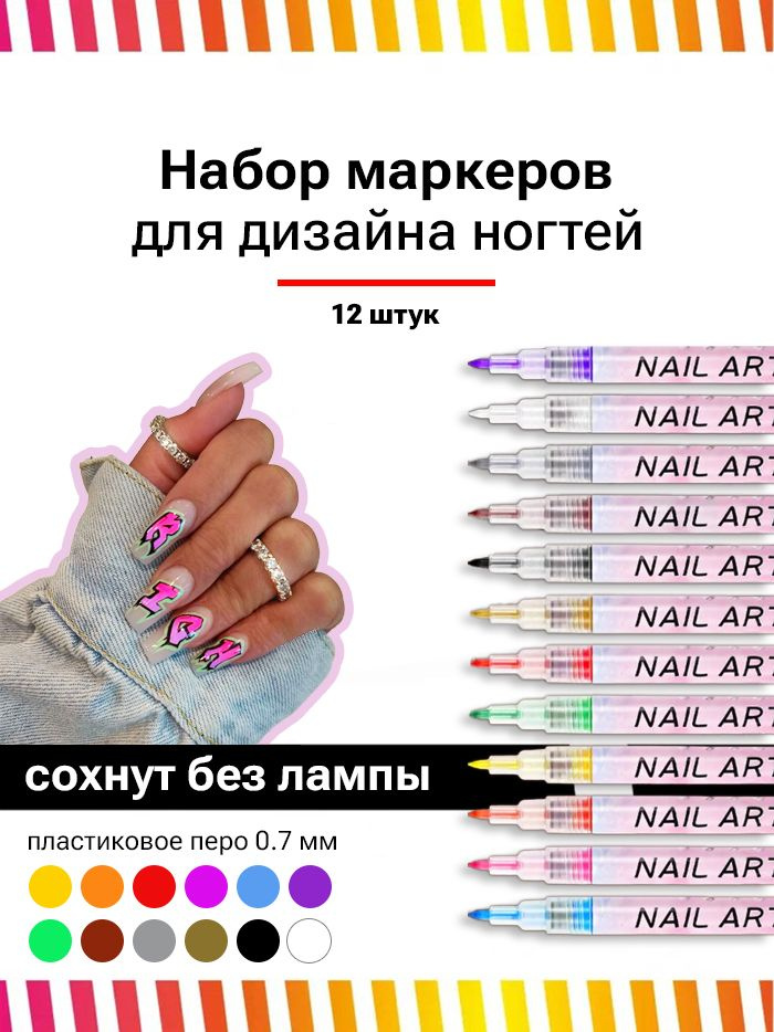 Набор маркеров для дизайна ногтей маникюра 0.7 мм 12 штук #1
