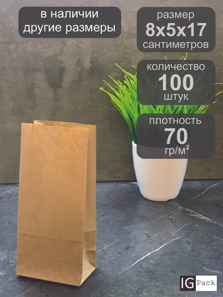 IG Pack Пакет бумажный, 8х5х17 см, 100 шт #1