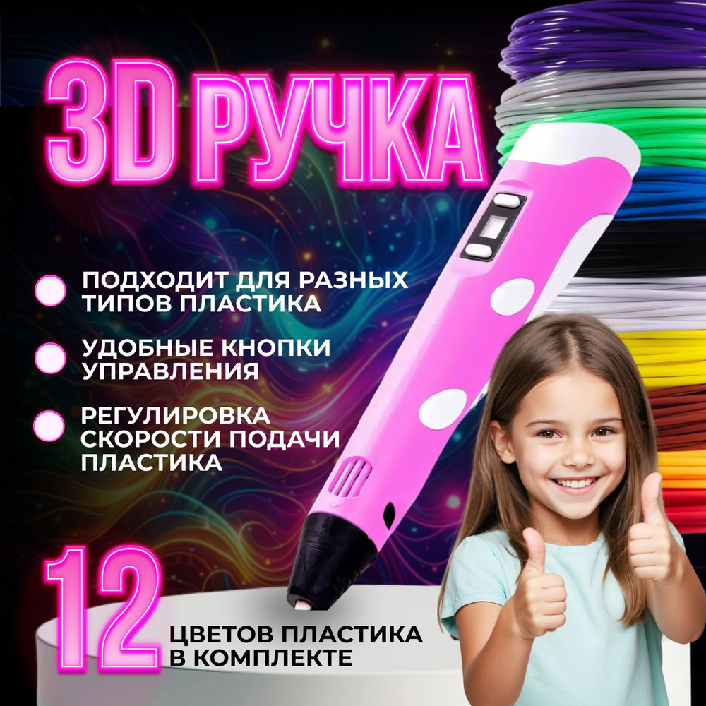 3D ручка и рулоны PLA пластика по 10м для 3д ручка в комплекте, набор для детей, розовая  #1
