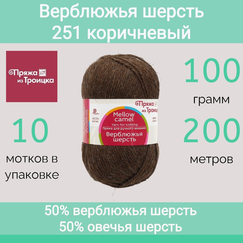 Пряжа Троицкая Верблюжья шерсть цвет 251 коричневый (100г/200м, упаковка 10 мотков)  #1