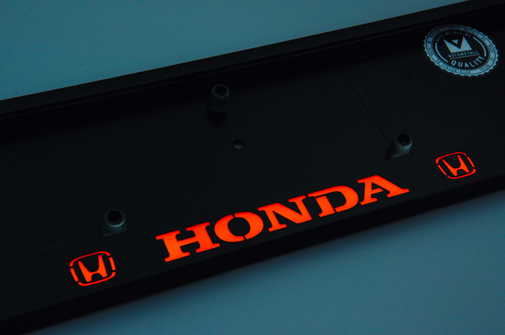 LED Рамка номерного знака с красной подсветкой надписи HONDA из металла черная / Рамка для автомобиля #1