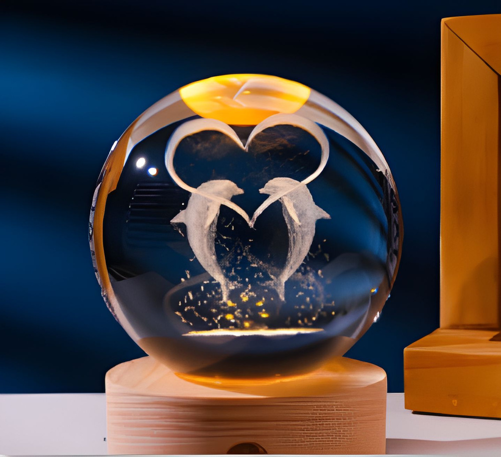 Светильник - ночник 3D "Дельфины сердце" стеклянный шар 6см  #1