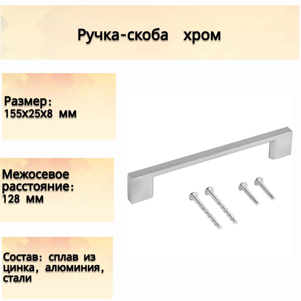 Ручка-скоба, 128 мм, ЦАМ, цвет хром- на дверцы и ящики шкафов, комодов, тумб и кухонных гарнитуров устанавливается #1