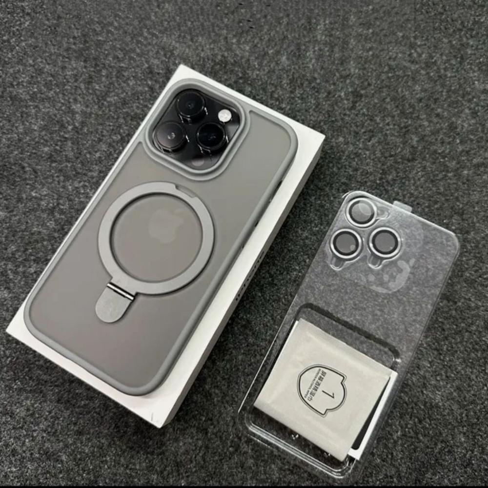 Чехол на iPhone 15 Pro Max серый с кольцом подставкой #1