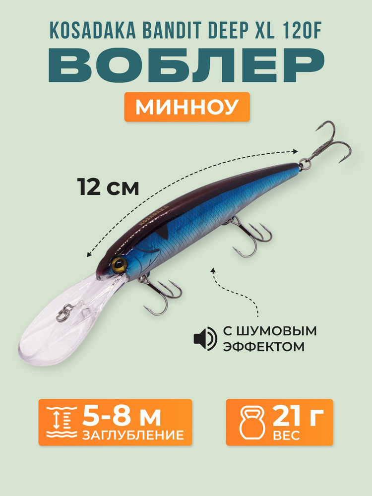 Воблер Kosadaka Bandit Deep XL 120F, плавающий, 120мм, 21г, 5-8м, цвет BLU Stop & Go, равномерная  #1