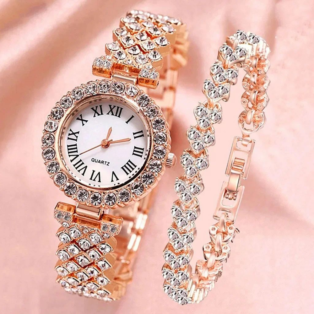Часы женские наручные с кристаллами с браслетом под розовое золото  #1