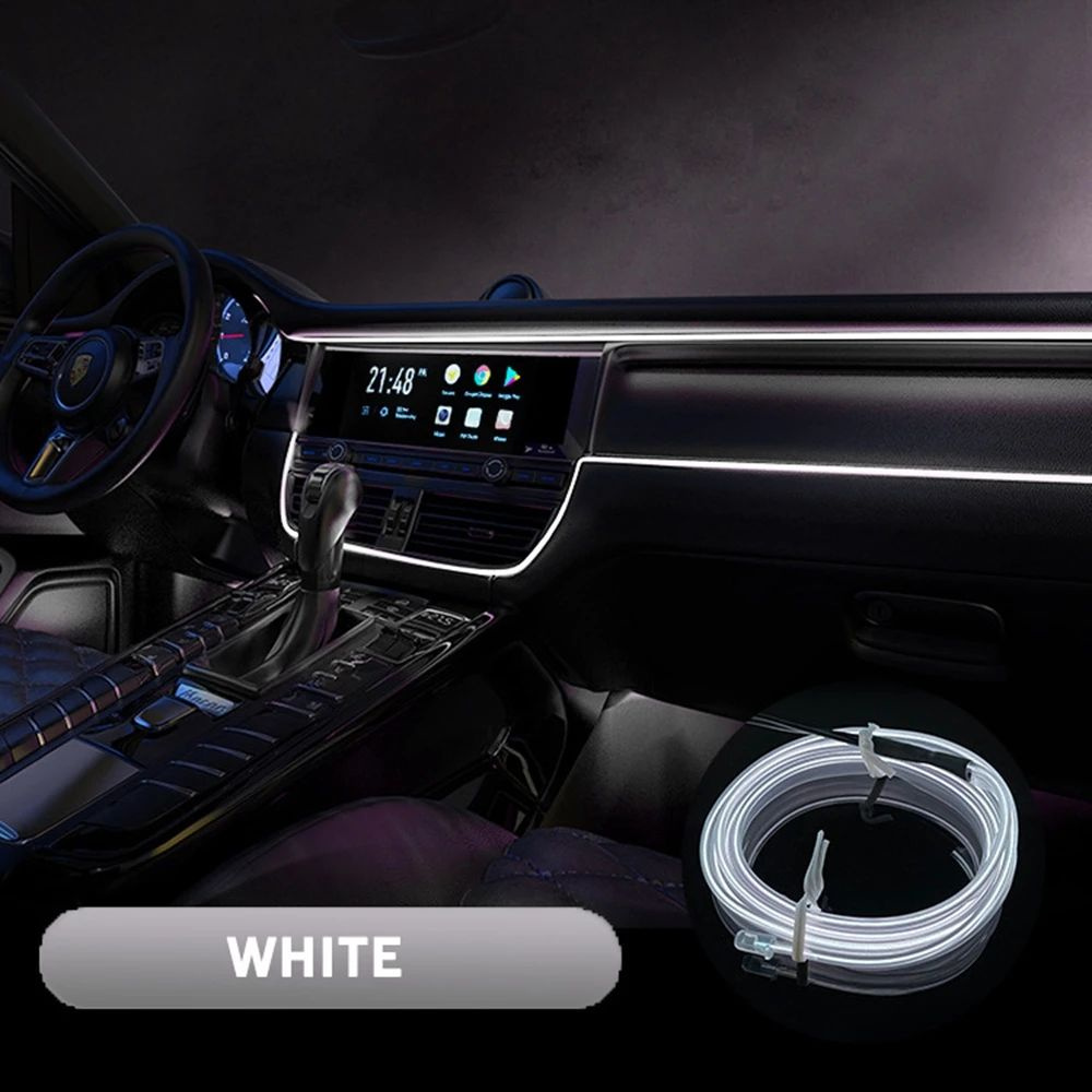 Неоновая нить в авто, 3 м в 12В, белый, атмосферная подсветка салона, светодиодная лента в машину, подсветка #1