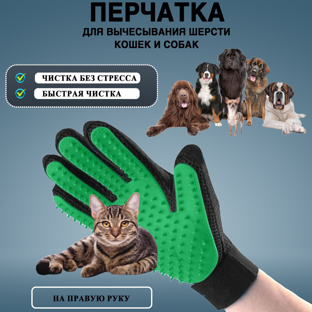 Перчатка для вычесывания шерсти кошек, собак, лошадей, кроликов зеленая правая  #1