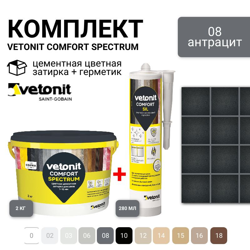 Комплект затирка и герметик, Vetonit comfort, цвет 08, антрацит, серый, ветонит. Затирка 2 кг. Герметик #1