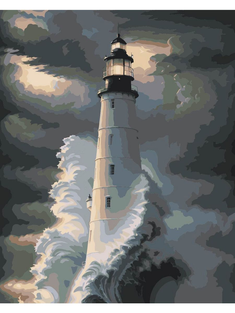 Картина по номерам Маяк во время шторма на холсте с деревянным подрамником размер 40х50, акриловые краски, #1