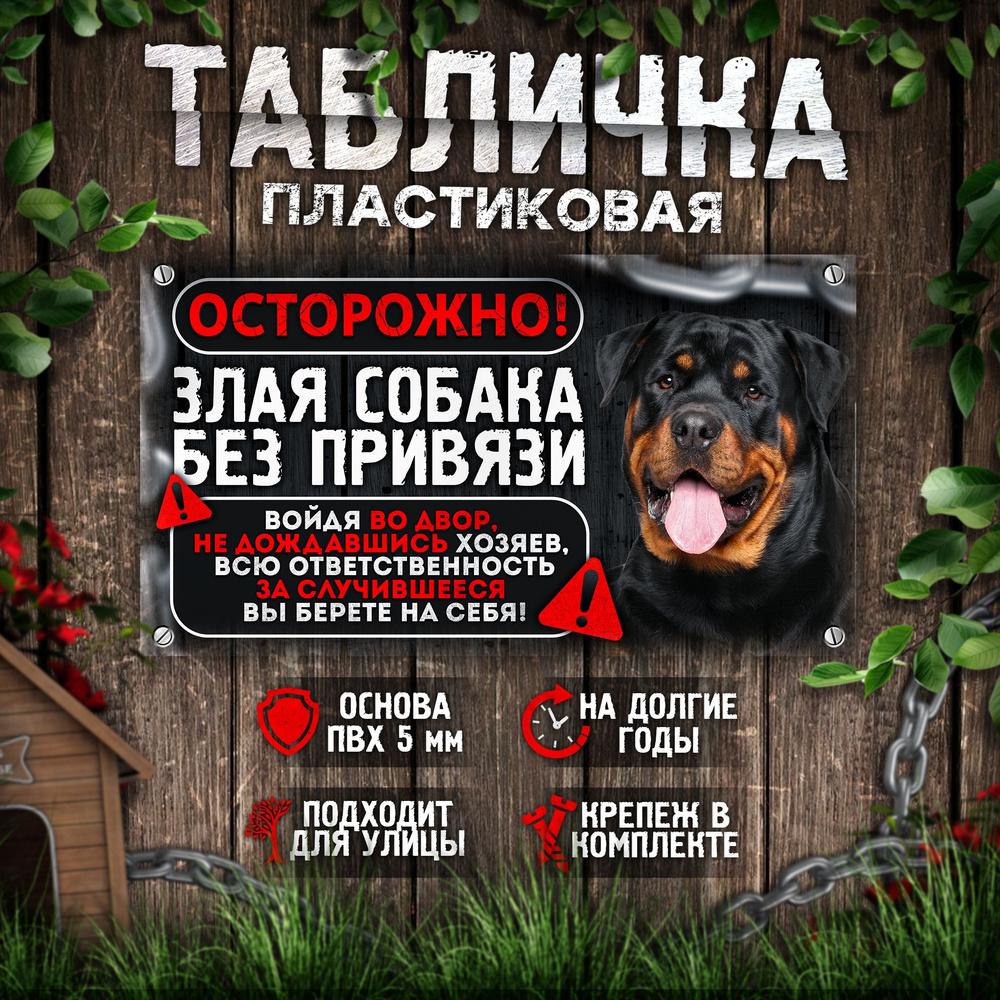 Табличка, на забор, DANGER DOG, Осторожно! Во дворе собака без привязи, Ротвейлер, 25x14 см  #1