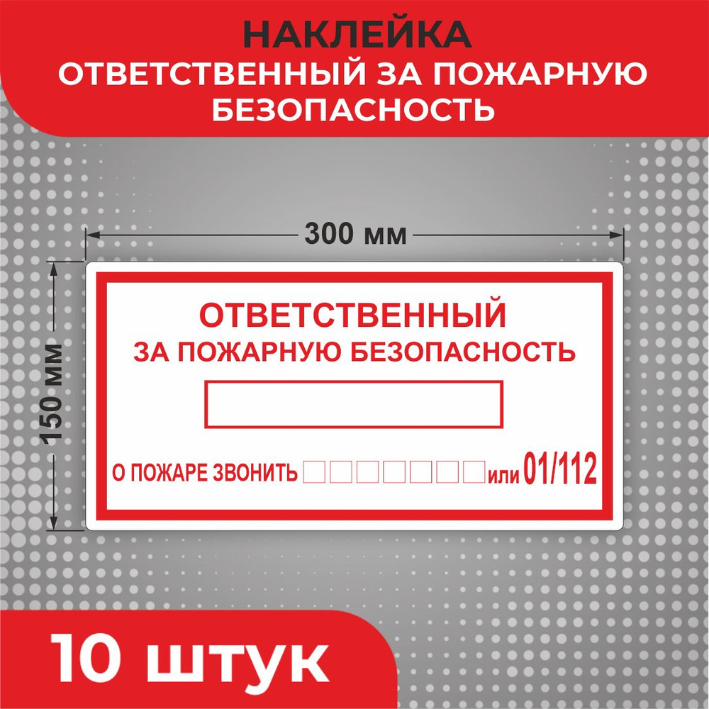 Знак наклейка Т09 "Ответственный за пожарную безопасность" 300 х 150 мм 10 шт Знаки пожарной безопасности #1