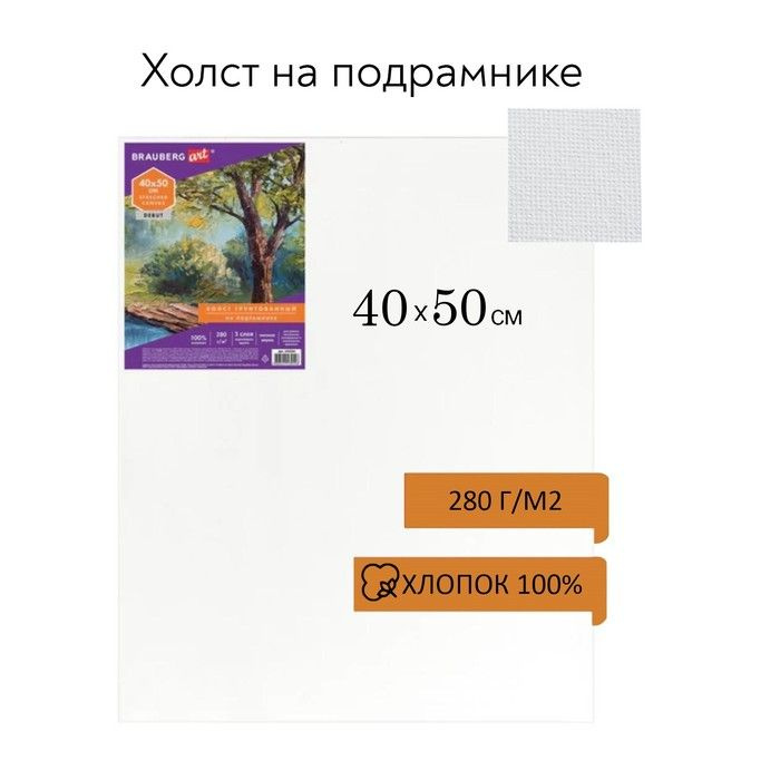 Холст грунтованный Brauberg на подрамнике Эконом, 40х50 см, 100% хлопок, мелкое зерно (191024)  #1