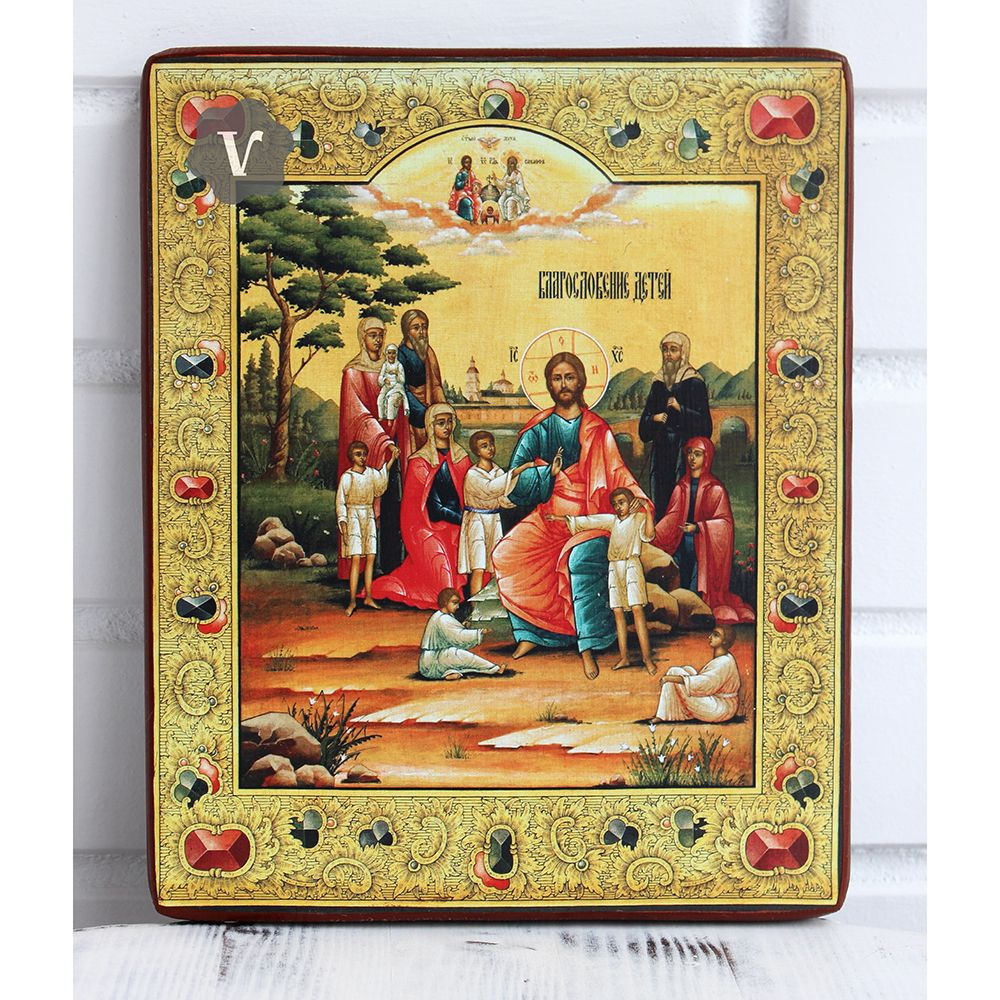 Православная икона "Благословение детей" или "Молитва перед учением", деревянная иконная доска, левкас, #1