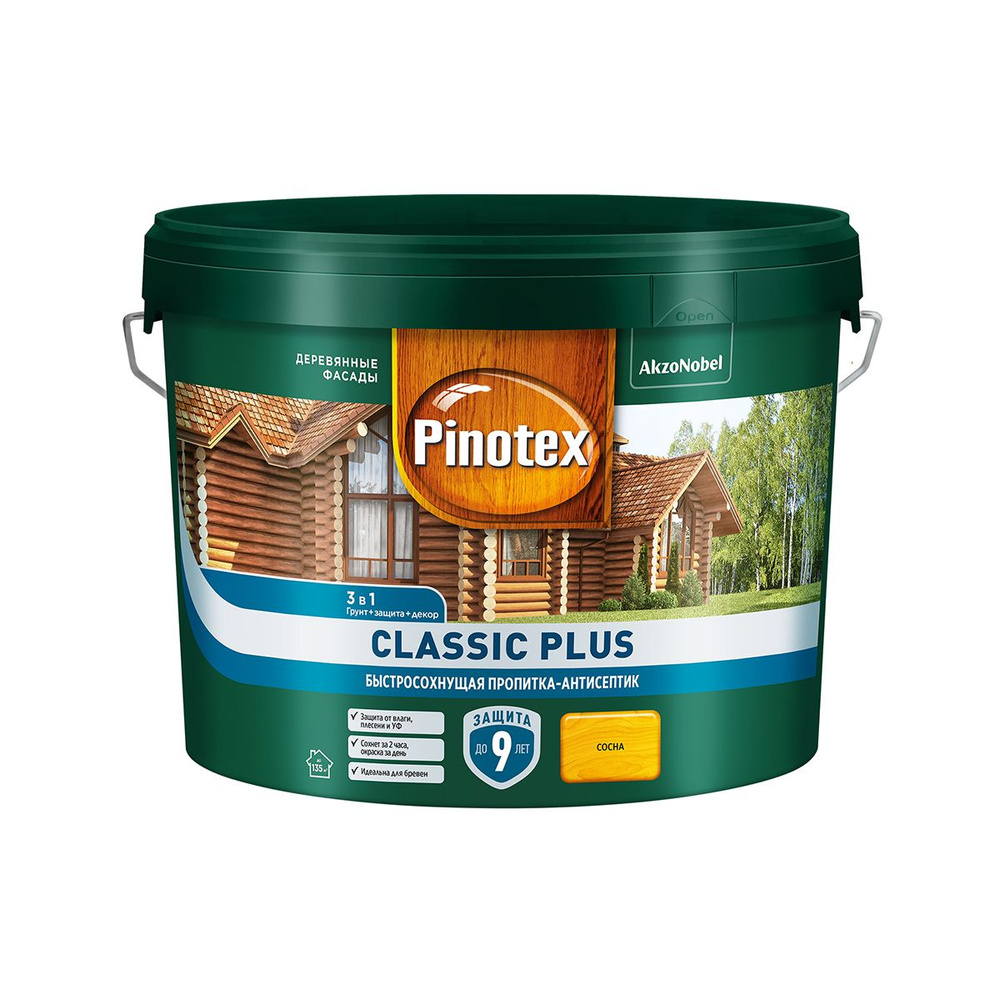 PINOTEX CLASSIC PLUS пропитка-антисептик быстросохнущая 3 в 1, сосна (9л)  #1