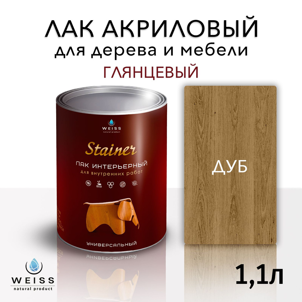 Лак интерьерный 048 дуб, глянцевый, для дерева и мебели, Weiss natural product, без запаха, самовыравнивающийся, #1