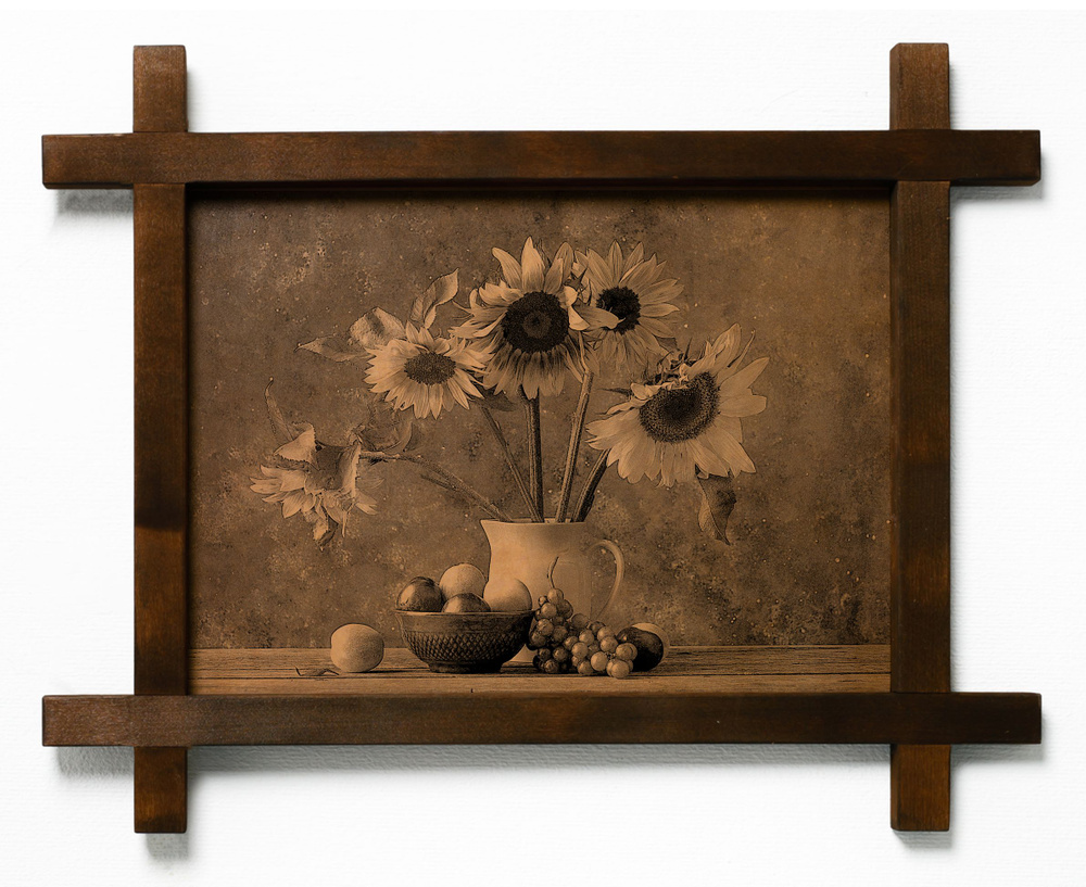 Картина "Подсолнухи и фрукты, натюрморт", гравировка на натуральной коже, интерьерная для украшения и #1