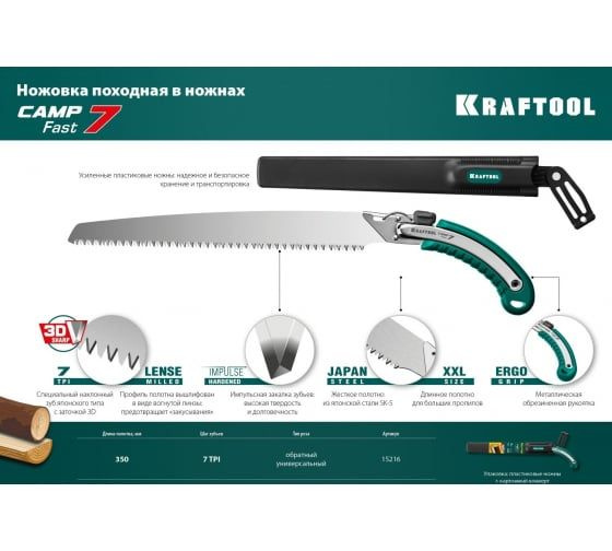 Ножовка для быстрого реза сырой древесины KRAFTOOL Camp Fast 7 350 мм 15216  #1