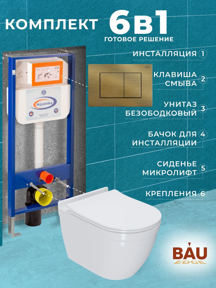 Комплект BAU 6 в 1: инсталляция BAU Aquanika, унитаз безободковый Bau Mif PRO, сиденье микролифт, кнопка #1