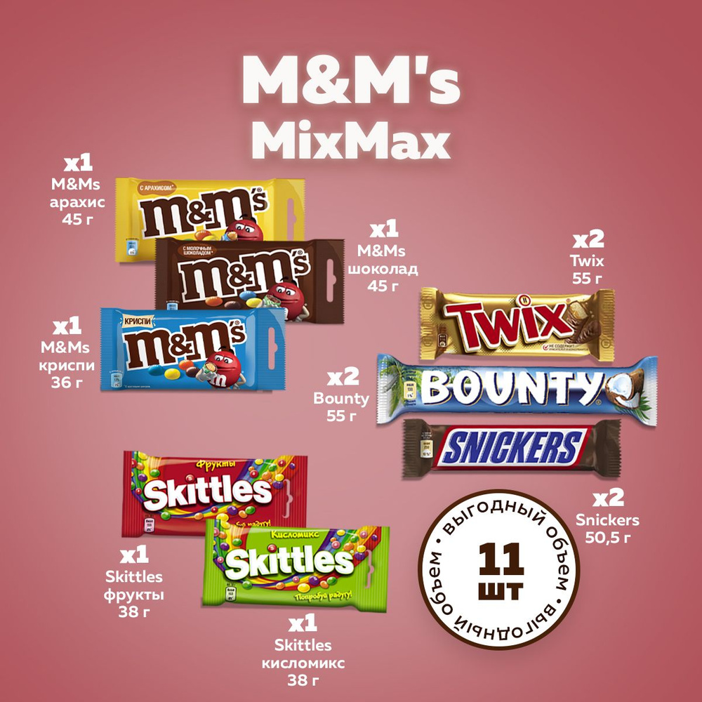 MixMax драже M&Ms 3х45г, Skittles 2х38г, Батончики Snickers, Twix, Bounty 50г #1