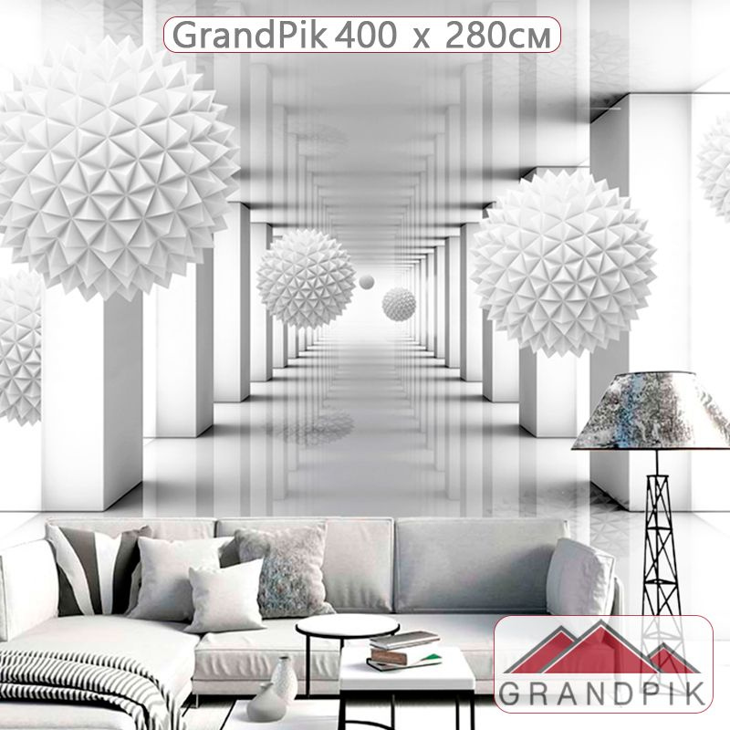 Фотообои флизелиновые на стену 3д GrandPik 10286 "3д шары в зале с колоннами" (ШхВ), 400х280 см  #1