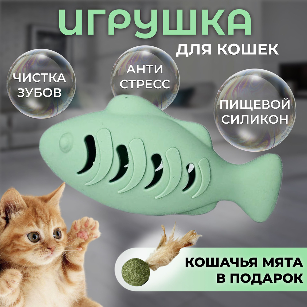 Игрушка для кошек рыбка с кошачьей мятой силиконовая для чистки зубов  #1