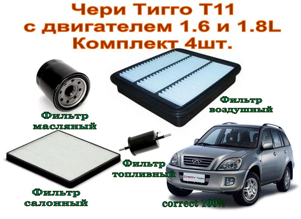 Chery Tiggo (T11), (Чери Тигго Т11) с двигателем 1.6 и 1.8L Комплект фильтров: воздушный + салонный + #1