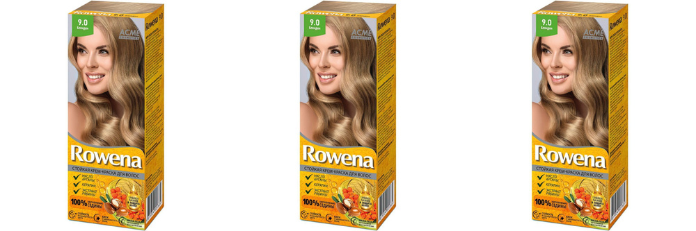 ACME COSMETICS ROWENA Стойкая Крем-Краска для волос, тон 9.0, Блондин, 3 шт  #1