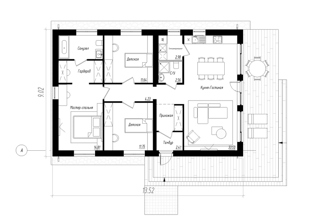 Готовый проект дома из газобетона 97 м.кв с террасой в один этаж (Раздел Архитектура)  #1