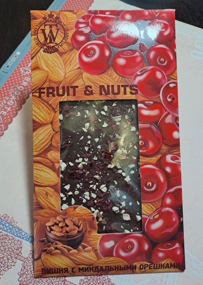 Горький шоколад "FRUIT & NUTS", с натуральной вишней и миндалем, 80гр., World&Time  #1