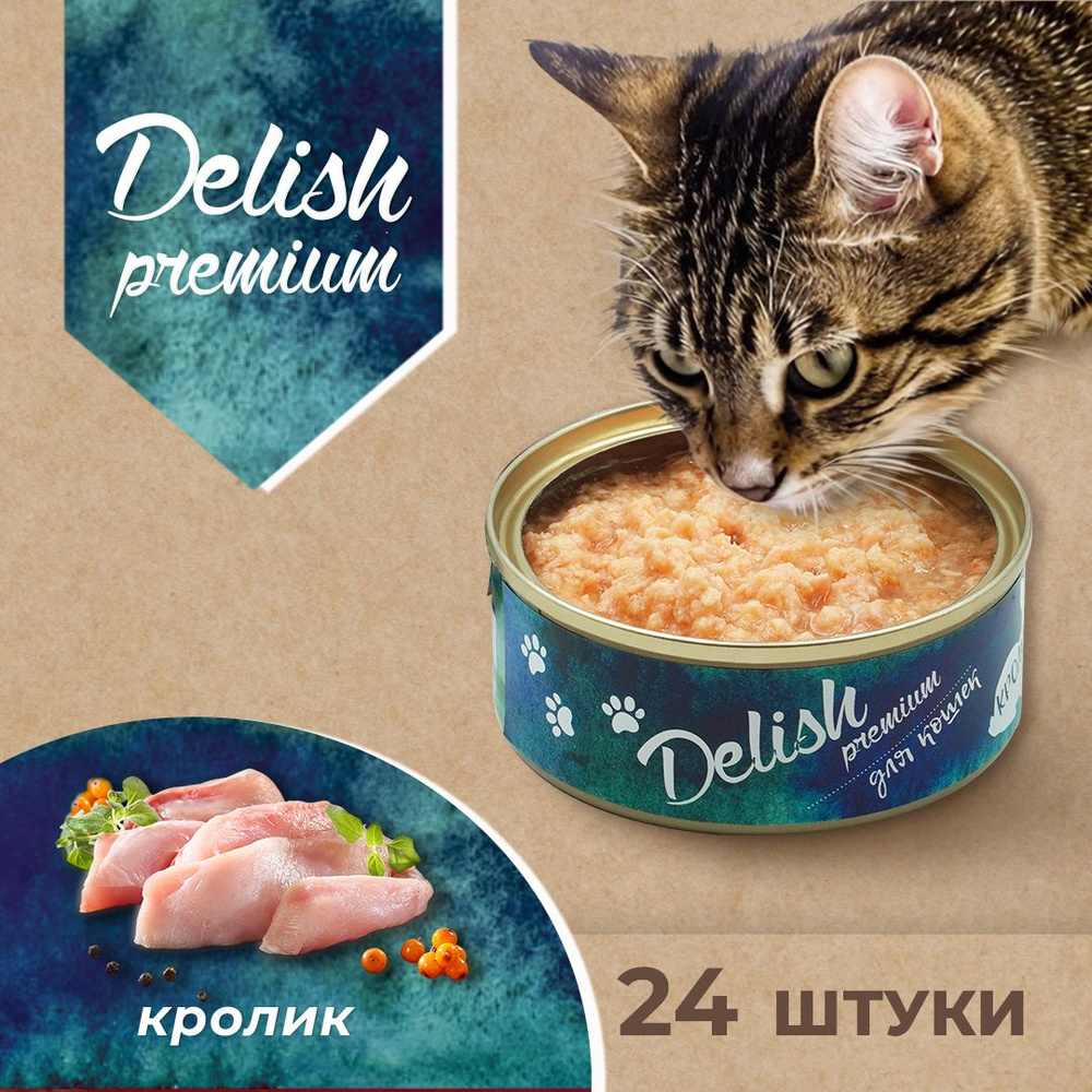 DELISH Premium консервы для кошек, кролик, 24 штуки по 100 гр #1