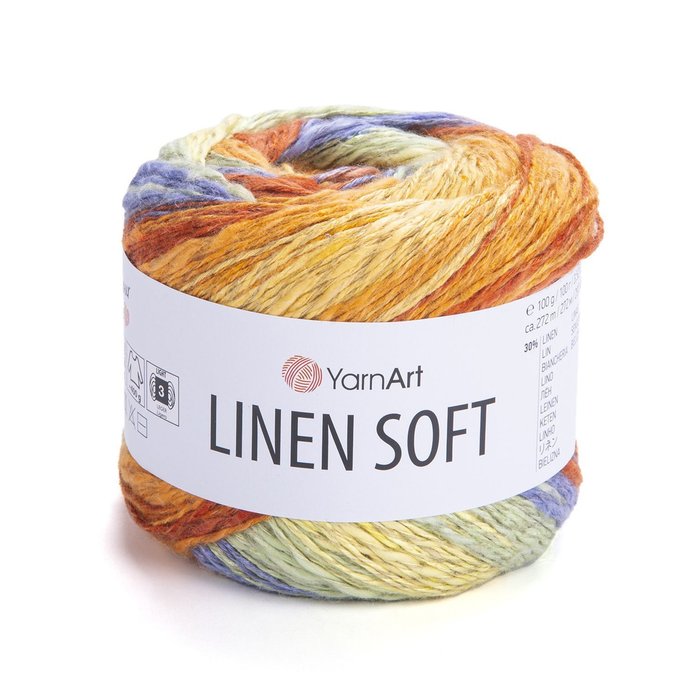 Пряжа Linen soft YarnArt - 7412 (салат/оранж/син), 30% лен, 36% вискоза, 34% хлопок, (100г, 272м) нитки #1