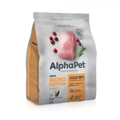 AlphaPet Monoprotein Superpremium Сухой корм для взрослых кошек, с индейкой, 400 гр.  #1