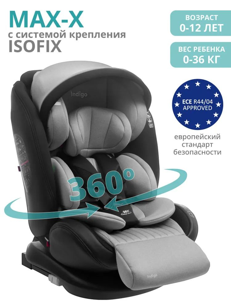 Автокресло детское Indigo MAX-X Isofix растущее 0-36 кг, группа 0,1,2,3, серый  #1