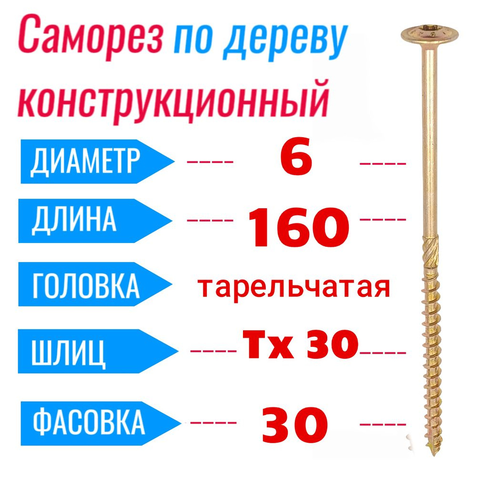 Саморез конструкционный по дереву 6х160 с прессшайбой Torx 30 (30 шт)  #1